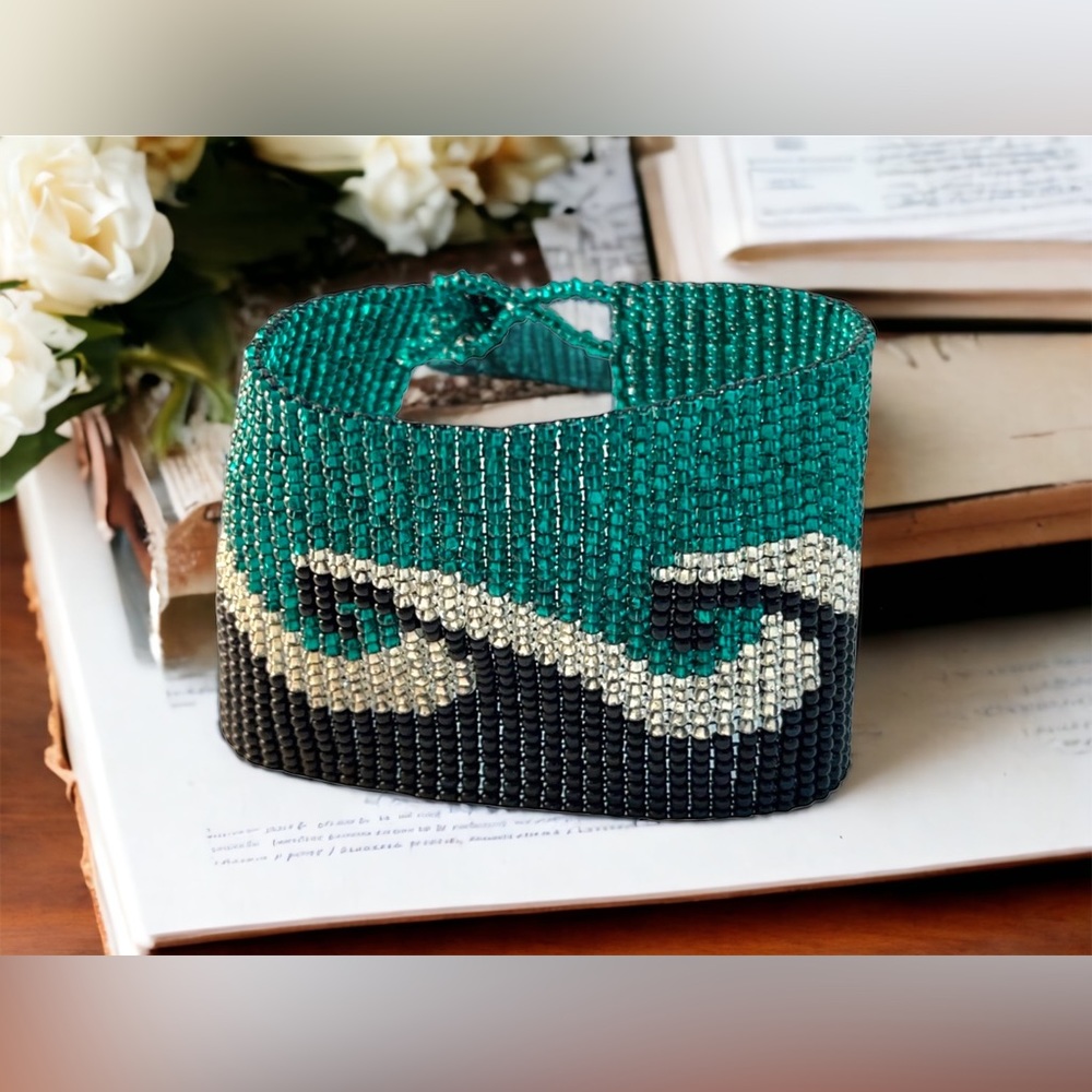 Beautiful wave microbead bangle bracelet teal & black southwestern handmade